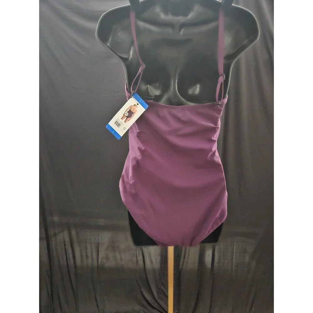 DKNY PURPLE RUCHED ONE PIECE SWIMSUIT REMOVABLE STRAP SZ L NWT - Picture 10 of 10
